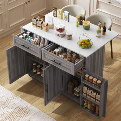Keukeneiland buffetkast 129x46(71)x91.5 cm - Eetwagen - Vrijstaande keukenkasten - Met opbergruimte - Voorzien van een opklapbaar werkblad - Grijs, wit
