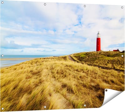 Gards Tuinposter Vuurtoren met Duinen in Texel - 120x90 cm - Tuindoek - Tuindecoratie - Wanddecoratie buiten - Tuinschilderij