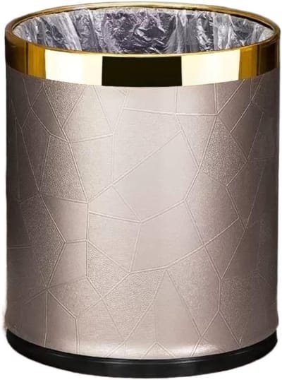 Metalen Prullenbak - Afvalbak Ronde Vorm - Thuiskantoor Inrichting - Luxe PU Leer Afwerking - 23 x 27 cm - Bruin