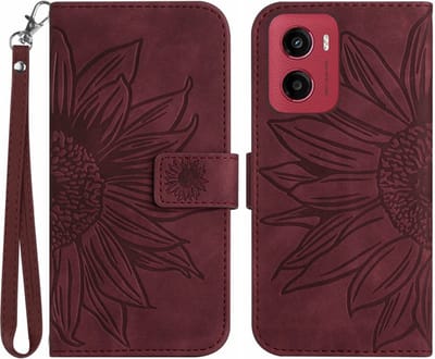 Coverup Hoesje - Geschikt voor Motorola Moto G05 / E15 Hoesje - Coverup Zonnebloem Book Case met Koord - Bordeaux