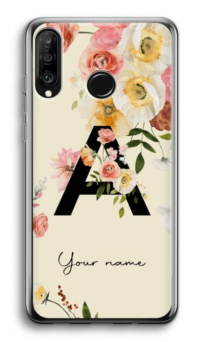 Gepersonaliseerd - Case Company® - Hoesje geschikt voor Huawei P30 Lite hoesje - Flirty Flowers Monogram - Soft Cover Telefoonhoesje - Bescherming aan alle Kanten en Schermrand