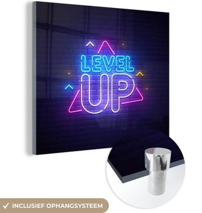 MuchoWow® Glasschilderij 90x90 cm - Schilderij acrylglas - Gaming - Neon - Level Up - Quotes - Gamen - Foto op glas - Schilderijen