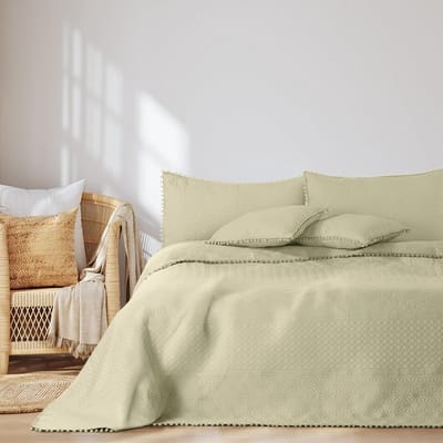 Famanu - Sprei 240x260 cm beige met pompons, dubbelzijdig ultrasoon stiksel
