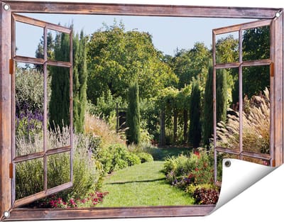Gards Tuinposter Doorkijk Tuin - 90x60 cm - Tuindoek - Tuindecoratie - Wanddecoratie buiten - Tuinschilderij