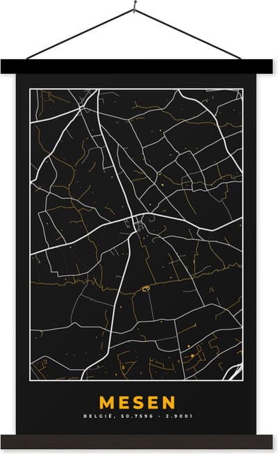 Posterhanger incl. Poster 40x60 cm - Schoolplaat - Mesen - Goud - Kaart - Plattegrond - Stadskaart - Textielposter - Zwarte latten - Stadskaart