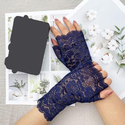 38 Stijlen Hol Kant Bloem Visnet Vingerloze Handschoenen Elegant Zonbescherming Dames Mesh Dans Bruiloft Wanten Handdecoratie One Size blue