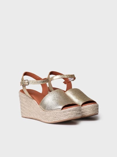 Zilveren leren espadrille met hoge sleehak en gesp | TAMARA