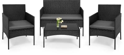 ITRONIQ Tuinset Loungeset 4 Personen - Rattan Lounge Set Met Bank Stoelen en Tafel - Weerbestendig - Incl Kussens - Zwart