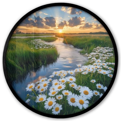Poster in lijst Rond - Fotolijst 40x40 cm - Posters - Beekje - Landschap - Margriet - Ronde posterlijst zwart - Decoratie - Wanddecoratie woonkamer - Muurdecoratie slaapkamer
