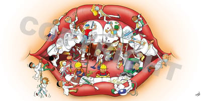 Cartoon plafondplaat - Poster - Roland Hols - Mond - 120 x 60 cm - Forex 10 mm dik - Tandarts - Orthodontist -Mondhygiënist - voor boven de behandelstoel