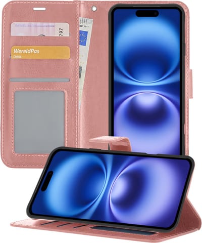 Hoesje - Geschikt voor Apple iPhone 16 - Luxe Bookcase - Walletcase Hoes - Portemonnee - Cover - Telefoonhoes - Rosé goud