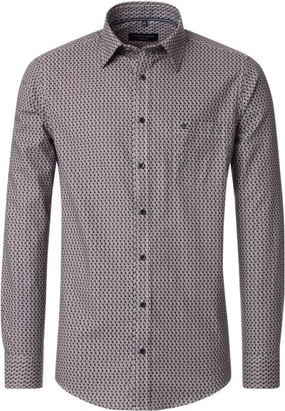 CASA MODA Sport casual fit overhemd - twill - bruin met blauw en wit dessin - Strijkvriendelijk - Boordmaat: 45 - 46