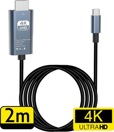 USB C naar HDMI Adapter 4K HD Resolutie - USBC naar HDMI Kabel Converter - 2 meter - Zwart