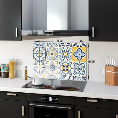 Blauw Tegelpatroon Tempered Glas Spatbescherming Voor Achter de Kookplaat 49,5cm x 76cm