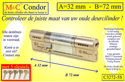 M&C Conder high-tech security deurcilinder 32x72 mm MET 5 SLEUTELS - SKG*** - Politiekeurmerk Veilig Wonen  -  inclusief MilaNNE gereedschap montageset en hangslot kaars