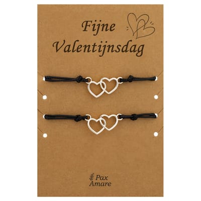 Koppel Armbandjes voor 2 "Fijne Valentijnsdag" - Verbonden Hartjes - Vriendschapsarmbandjes met Persoonlijk Cadeau Kaartje - Zilverkleurig - Elastisch Verstelbaar - Pax Amare