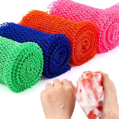 Set van 4 Afrikaanse Peelingsponsen, Lange Mesh Bad Spons voor een Zijdezachte Huid, 65 × 20 cm, Diverse Kleuren