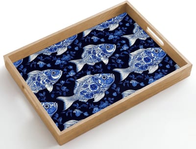 Dienblad hout 50x35 cm - Schootdienblad - Vissen - Bloemen - Blauw - Borrelplank rechthoek - Plateau dienbladen