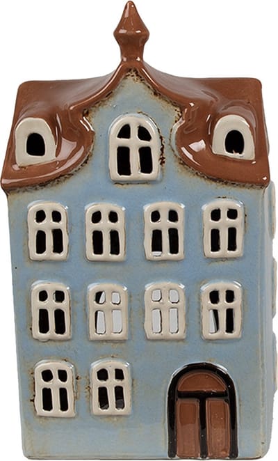 Clayre & Eef Waxinelichthouder Huis 13x9x22 cm Blauw Bruin Keramiek