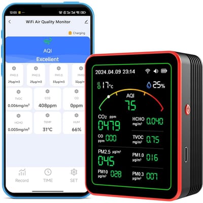 15-in-1 Luchtkwaliteitsmonitor voor Binnen - Meet CO2, PM, TVOC, Temperatuur en Vochtigheid met App Afstandsbediening