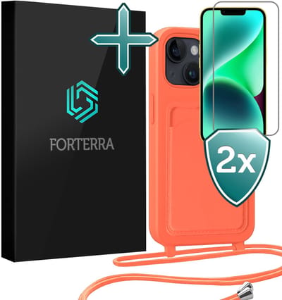 Hoesje Geschikt voor iPhone 13 Pashouder Case Siliconen Hoes Met Koord Met 2x Screenprotector - Hoes Geschikt voor iPhone 13 Met Telefoonkoord Hoesje Back Cover Met Pasjeshouder - Papaya