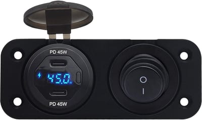 ProRide 12V USB C Autolader 2 Poorten Inbouw met Wattagemeter - 45W/QC3.0 - Tweevoudig inbouw paneel - Blauw