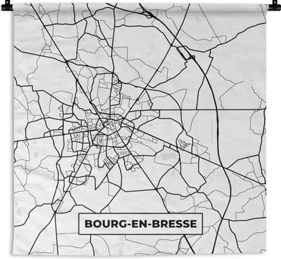 Wandkleed - Wanddoek - Frankrijk - Bourg-en-Bresse - Plattegrond - Stadskaart - Kaart - Zwart wit - 180x180 cm - Wandtapijt