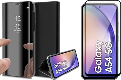 Hoesje geschikt voor Samsung Galaxy A54 - Screen Protector FullGuard - Book Case Spiegel Zwart & Screenprotector