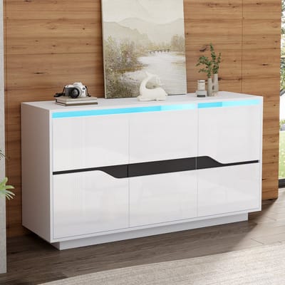 Wishdor Hoogglans Dressoir - Smart Bluetooth App LED - Verstelbare Legplanken - Modern Wit en Zwart - 140x40x70 cm
