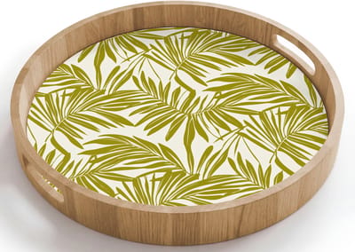 Dienblad rond 40x40 cm - Schootdienblad hout - Palmblad - Patroon - Groen - Borrelplank rechthoek - Plateau houten dienbladen
