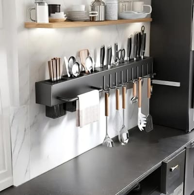 Flavers ® - Zwart - Keukenrek Hangend / ophangbaar - Kruidenrek - keukenrek - muur- roestvrij staal - kookrek - 60 cm - messenblok - wandrek - metaal zwart - keuken organizer - aanrecht organizer - messenhouder - met of zonder boren