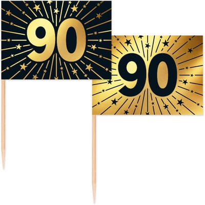 50 Vlagprikkers goud / zwart 90 jaar - Golden Celebrations - Hapjes Cocktailprikkers Tapas Prikkers Feestje