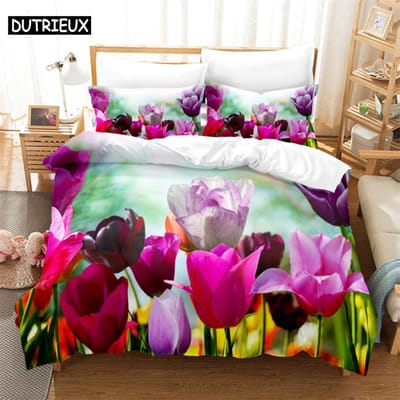 3D Tulp Bloemenprint Dekbedovertrek Set - 3 Delen Verkrijgbaar In Twin, Double En King Maten EU Double(200*200cm)3pcs