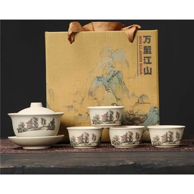 5-delige set ruwe aardewerk Kung Fu theeset, drie deksel, theekopje, reis-theeset, evenement geschenkdoos, geschenkdoos beige