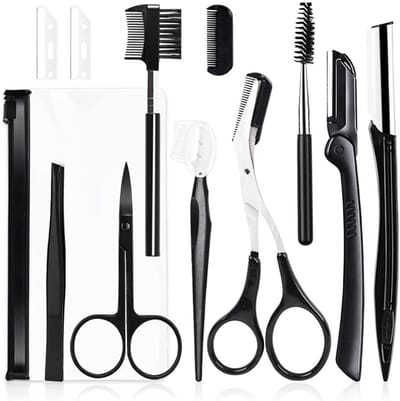 Wenkbrauw Styling Set - Grooming Kit - Gezichtsverzorging Thuis - Roestvrij Staal - 11 Delig - Zwart