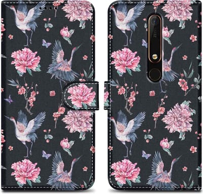 Cadorabo Hoesje geschikt voor Nokia 6.1 - Design Kraan & Bloemen No. 9 - Beschermhoes Case Cover met magnetische sluiting, standaardfunctie en kaartvakje