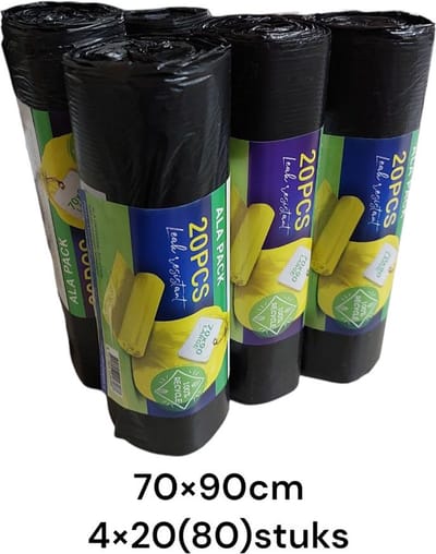 Afvalzakken – 100% recycle vuilniszakken / lekbestendig / 4 rollen x 20 stuks ( 80stuks ) / 80 liter / 70*90cm.