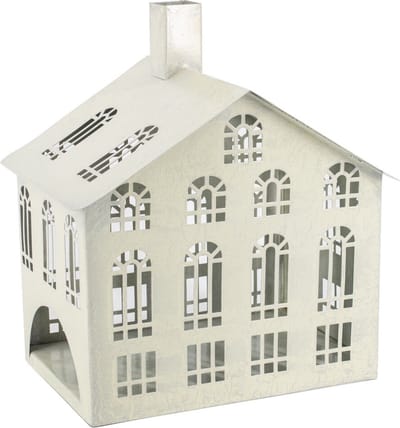 Metalen windlicht huis white crackle