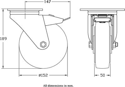 Draaibare remwiel van 152 mm met zwart elastisch rubber op een aluminium middenwiel