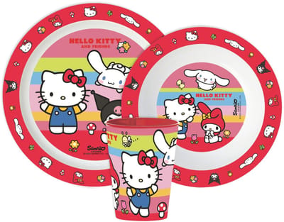 Hello Kitty and Friends Serviesset - Beker 260 ml - Diepe kom - Plat bord - 3 stuks - Eetset met beker - Voor verjaardagen en feestjes - Voor kinderen - Voor meisjes