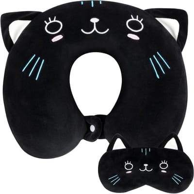 Verwijderbare Reiskussen met Geheugenschuim voor Kinderen en Volwassenen, Comfortabel U-Vormig Kussen met Oogmasker voor Thuis en Op Reis, Ideaal voor Auto en Vliegtuig