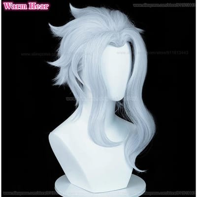 Fatui Synthetische Dokter II Dottore Pruik Lang 50cm Lichtblauw Cosplay Anime Pruik Hittebestendig Haar Halloween Feest Pruiken + Pruikkap One Size white