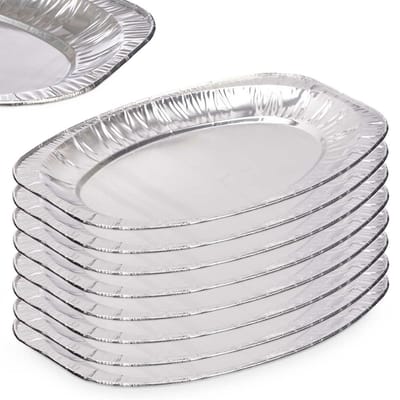 Kinvara Aluminium BBQ/verjaardag/hapjes serveerschalen - zilver - 8x stuks - 35 x 24 cm - wegwerp