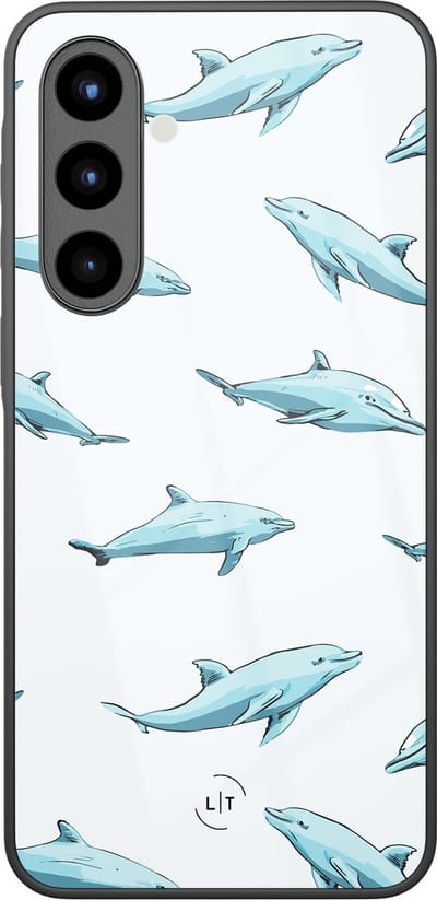 Hoesje geschikt voor Samsung Galaxy A57 - Dolfijnen - Luxe Glazen Hardcase - Print / Illustratie - Blauw