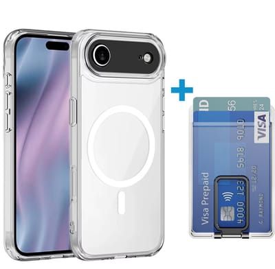 VOWLUX transparant hoesje en losse wallet pasjeshouder geschikt voor iphone 17 air – magsafe compatible met 32 magneten – pasjeshouder voor 2 pasjes – zwarte klep – telefoonstandaard hoes case