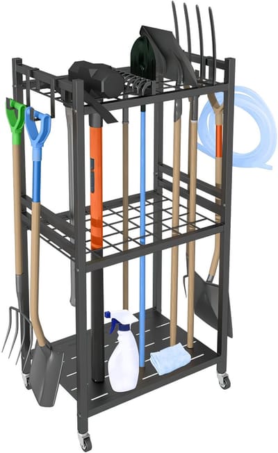 Tuingereedschap rek – Gereedschapsrek / Garden Tool Organizer voor Tuinhuis, Garage & Tuinieren – Tuingereedschap opbergsystemen – Met 4 Zwenkwielen & 3 Opberghaken – Verrijdbaar, Ruimtebesparend & Roestvrij - Zwaar Staal - Zwart - 79.4x43x30 cm