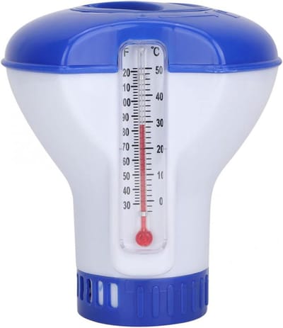 Drijvende chloordispenser voor zwembaden van 13 cm - verstelbare kleine chloorboei - chloorboei met thermometer - geschikt voor 2,5 cm chloortabletten - geschikt voor binnen- en buitenzwembaden, spa's - blauw