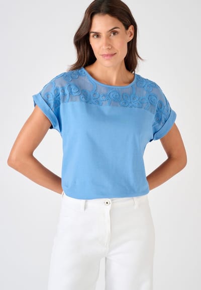 Damart - T-shirt met T-mouwen van twee materialen - Dames - Blauw - XS