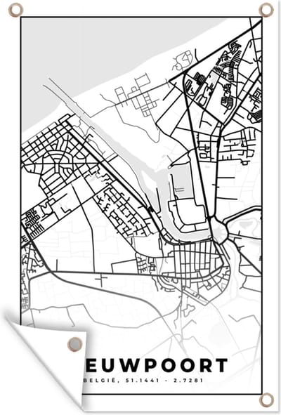 Muurdecoratie Plattegrond – Nieuwpoort – Zwart Wit – Stadskaart - Kaart - België - 120x180 cm - Tuinposter - Tuindoek