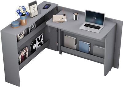 Merax Inklapbaar Bureau en Dressoir – 2-in-1 Kast met Wielen en Draadloos Oplaadfunctie – Grijs